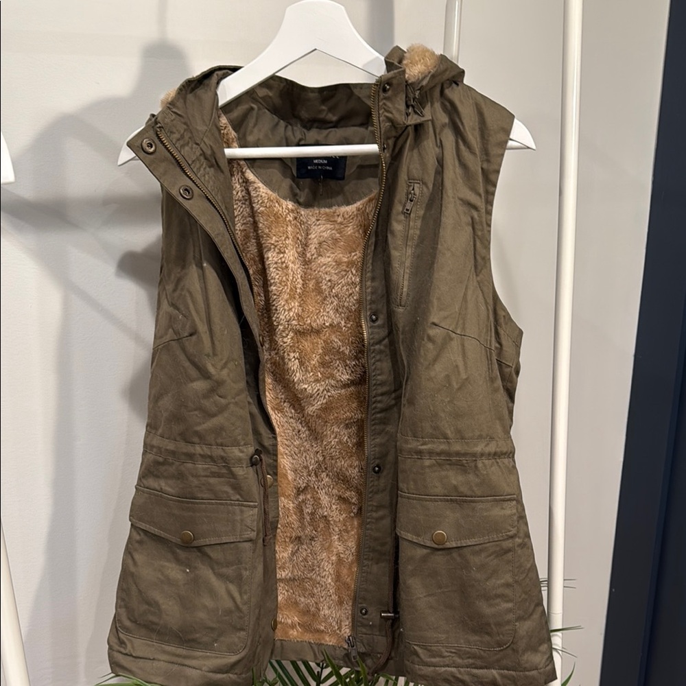 Women's Boutique Olive Hooded Vest with Faux Fur Lining